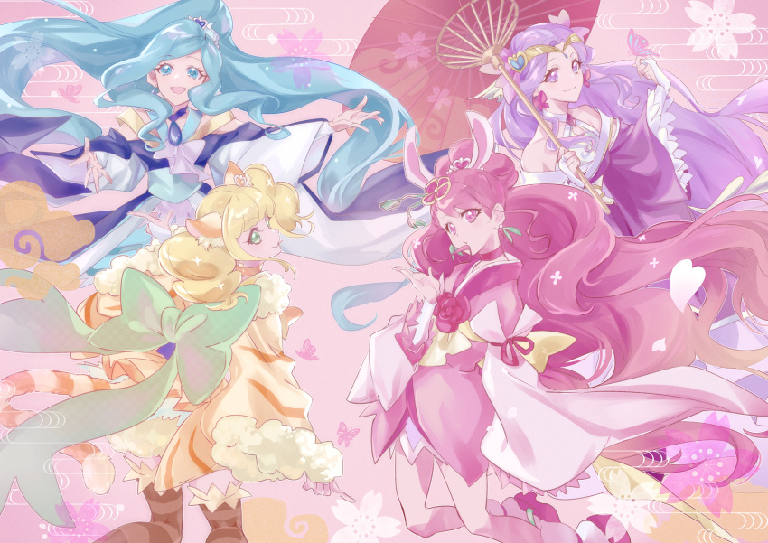 4girls :d animal_ears blonde_hair blue_choker blue_eyes blue_hair brown_legwear bug butterfly butterfly_on_hand cat_ears cat_tail choker collarbone cure_earth cure_fontaine cure_grace cure_sparkle floating_hair green_eyes head_tilt healin'_good_precure highres holding holding_umbrella japanese_clothes kemonomimi_mode kimono long_hair long_sleeves multiple_girls oil-paper_umbrella open_mouth outstretched_arms pink_background pink_eyes pink_hair pink_kimono ponytail precure puffy_shorts purple_hair purple_kimono rabbit_ears red_choker red_umbrella shipu_(gassyumaron) shorts smile sparkle striped striped_legwear tail thigh-highs twintails umbrella very_long_hair violet_eyes white_choker wide_sleeves yellow_choker yellow_kimono yellow_shorts