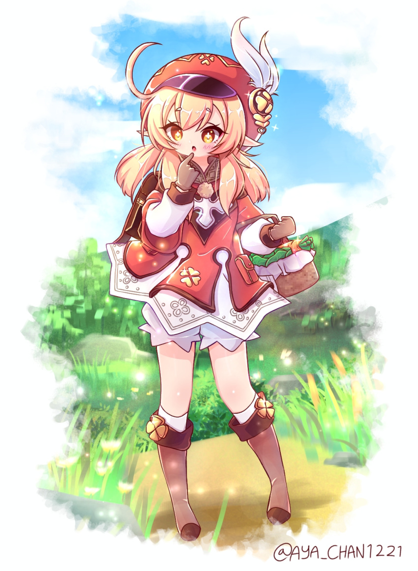 1girl ahoge aya_chan1221 backpack bag bangs blonde_hair bloomers blue_sky boots brown_footwear brown_gloves brown_scarf cabbie_hat clenched_hand clouds cloudy_sky clover_print coat eyebrows_visible_through_hair finger_to_mouth full_body genshin_impact gloves grass hair_between_eyes hat hat_feather hat_ornament highres index_finger_raised klee_(genshin_impact) knee_boots kneehighs long_hair long_sleeves looking_away low_twintails orange_eyes picnic_basket pocket pointy_ears randoseru red_coat red_headwear scarf sidelocks sky solo standing symbol-shaped_pupils twintails underwear
