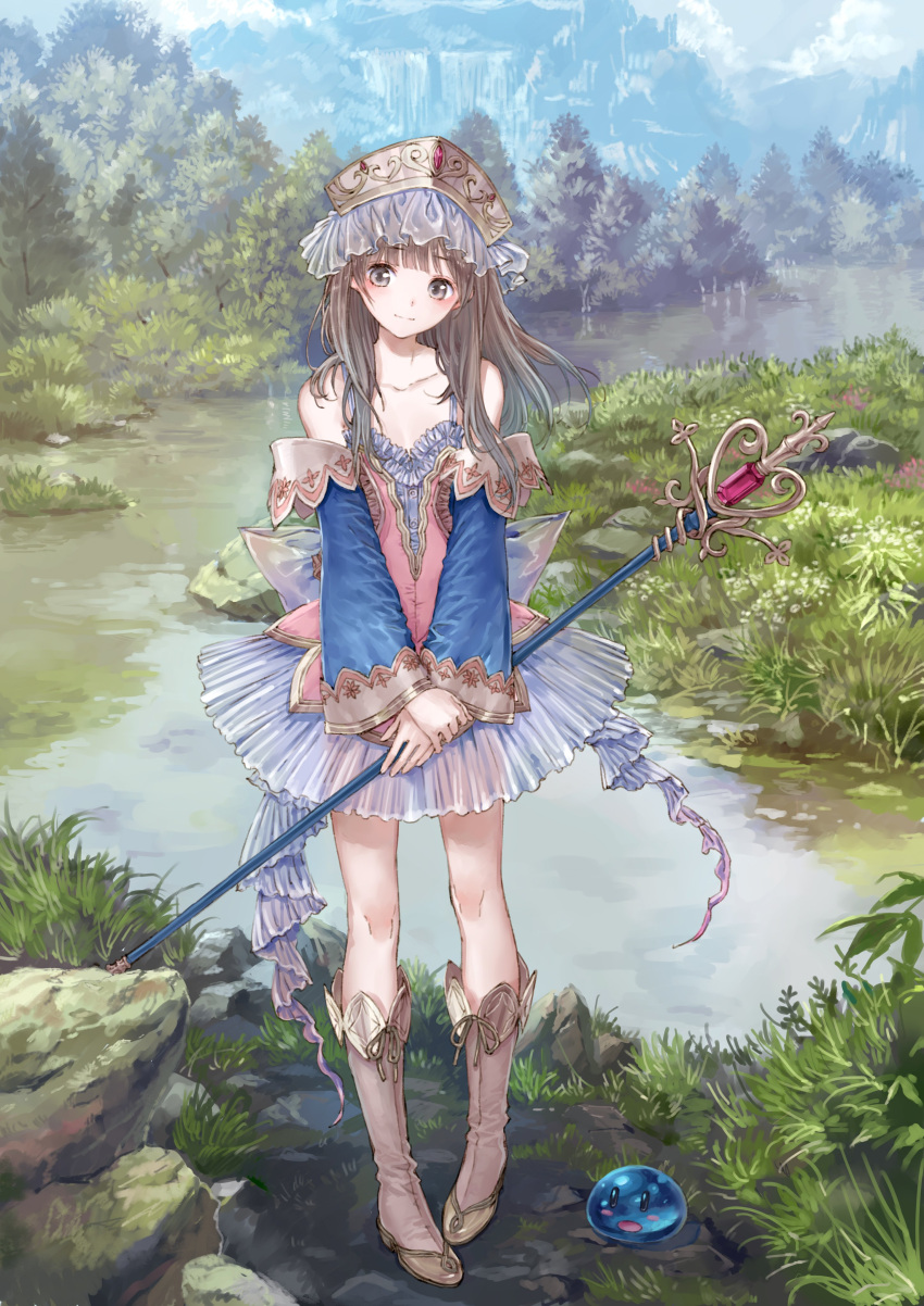 1girl absurdres atelier_(series) atelier_totori bangs bare_shoulders blue_sky blush boots brown_eyes brown_hair closed_mouth collarbone commentary_request day detached_sleeves flat_chest forest frills full_body head_tilt headdress highres holding kishida_mel knee_boots lake long_sleeves looking_at_viewer nature official_art outdoors pleated_skirt rock see-through skirt sky slime_(creature) smile staff standing totooria_helmold tree water