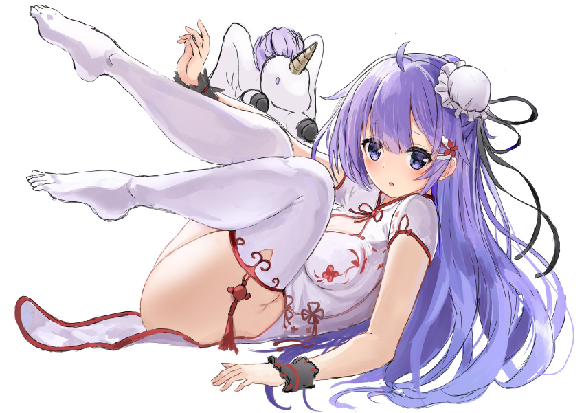 1girl :o absurdres azur_lane breasts china_dress chinese_clothes dress eyebrows_visible_through_hair full_body hair_ornament hairclip hand_on_floor highres long_hair looking_at_viewer looking_to_the_side lying no_shoes on_back open_mouth purple_hair solo thigh-highs thighs unicorn unicorn_(azur_lane) unicorn_(spring's_present)_(azur_lane) violet_eyes white_background white_dress white_legwear zyousha333