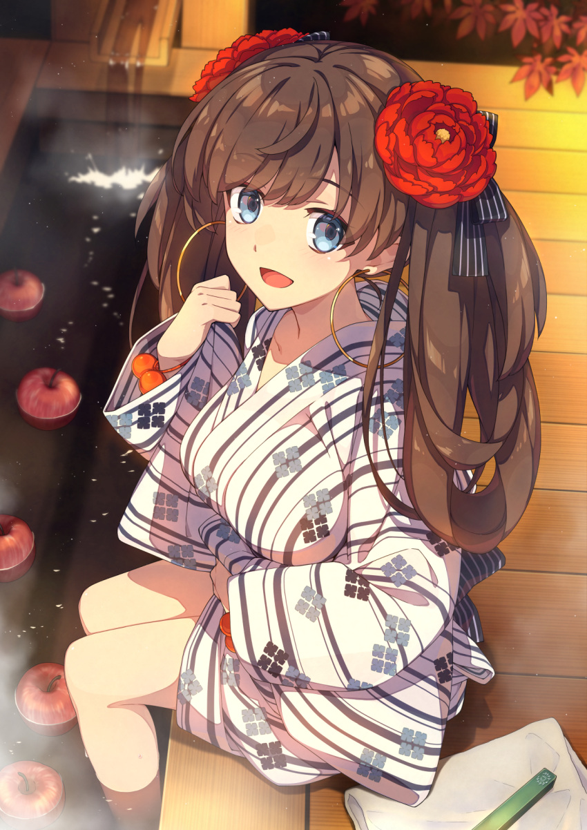 1girl apple blue_eyes breasts brown_hair commission earrings fate/grand_order fate_(series) flower food fruit hair_flower hair_ornament highres hoop_earrings jewelry large_breasts looking_at_viewer mata_hari_(fate) partially_submerged saipaco skeb_commission smile soaking_feet solo twintails water