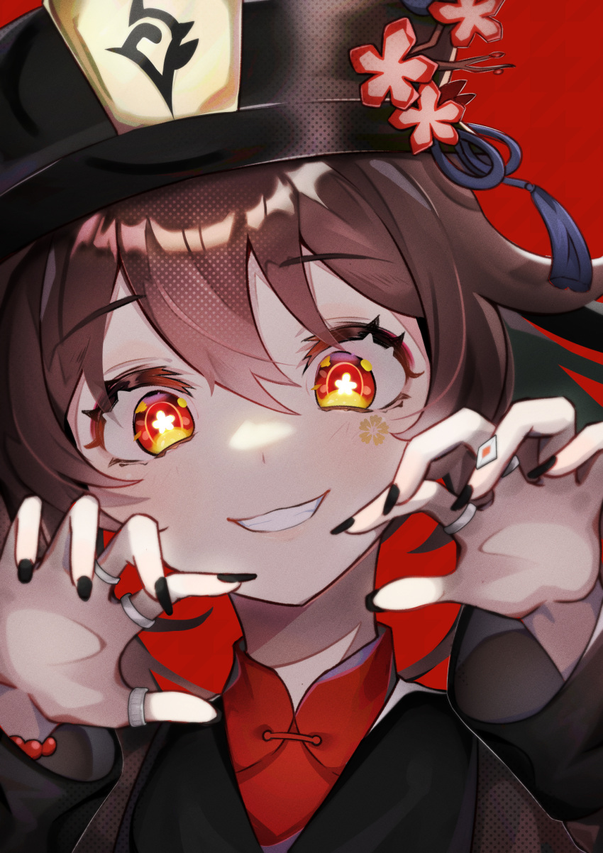 1girl black_nails blush brown_hair claw_pose face genshin_impact hands hat highres hu_tao_(genshin_impact) jewelry looking_at_viewer nail_polish pupy_exe red_background red_eyes ring simple_background smile solo symbol-shaped_pupils twintails