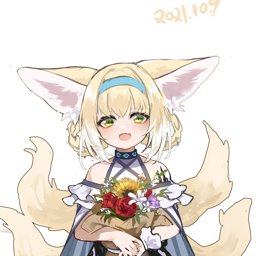 1girl :d absurdres animal_ears arknights bare_shoulders black_collar blonde_hair blue_hair bouquet braid collar commentary_request dated dress flower fox_ears fox_girl fox_tail green_eyes highres holding holding_bouquet infection_monitor_(arknights) looking_at_viewer multicolored_hair multiple_tails open_mouth purple_flower red_flower shio_(7203802) short_hair simple_background single_wrist_cuff smile solo straight-on streaked_hair suzuran_(arknights) tail upper_body white_background white_dress white_flower white_hair white_wrist_cuffs wrist_cuffs yellow_flower
