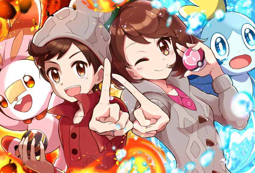&gt;:) 1boy 1girl :d :o bangs beanie brown_eyes brown_hair brown_headwear buttons cable_knit cardigan dress eyebrows_visible_through_hair fire gloria_(pokemon) green_headwear grey_cardigan haru_(haruxxe) hat highres holding holding_poke_ball index_finger_raised looking_at_viewer love_ball luxury_ball medium_hair one_eye_closed open_mouth outstretched_hand pink_dress poke_ball pokemon pokemon_(game) pokemon_swsh popped_collar red_shirt scorbunny shirt short_hair smile sobble swept_bangs tam_o'_shanter tearing_up v-shaped_eyebrows victor_(pokemon) water
