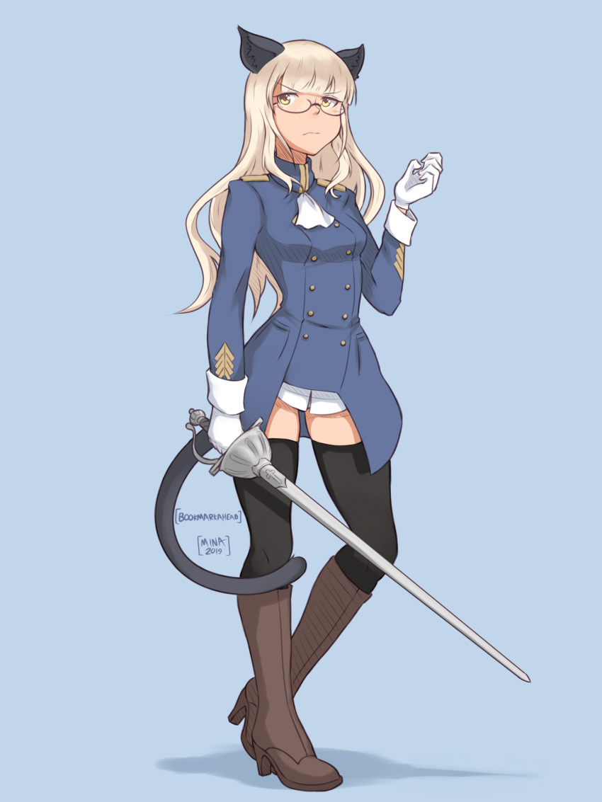 1girl alternate_legwear animal_ears black_legwear blonde_hair blue_background blush bookmarkahead boots breasts cat_ears cat_tail closed_mouth full_body glasses gloves highres long_hair looking_to_the_side neckerchief perrine_h._clostermann rapier shiny shiny_hair simple_background small_breasts solo standing strike_witches sword tail thigh-highs weapon white_gloves white_neckwear world_witches_series yellow_eyes