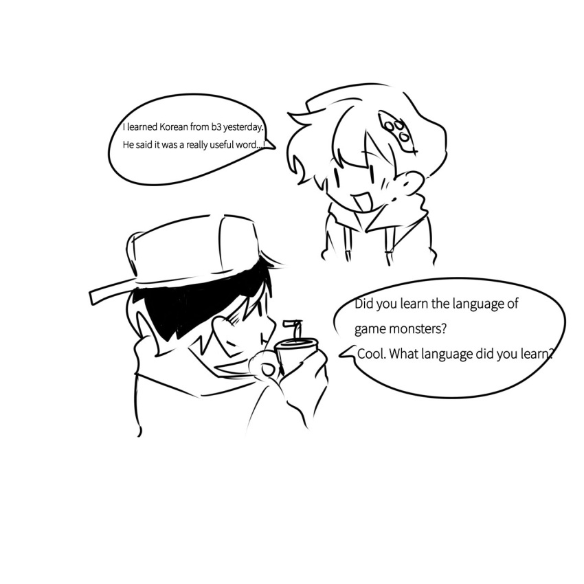 2boys alternate_universe boyfriend_(friday_night_funkin') cup dual_persona english_text friday_night_funkin' hat holding holding_cup i_love_fnf_bf monochrome smile speech_bubble