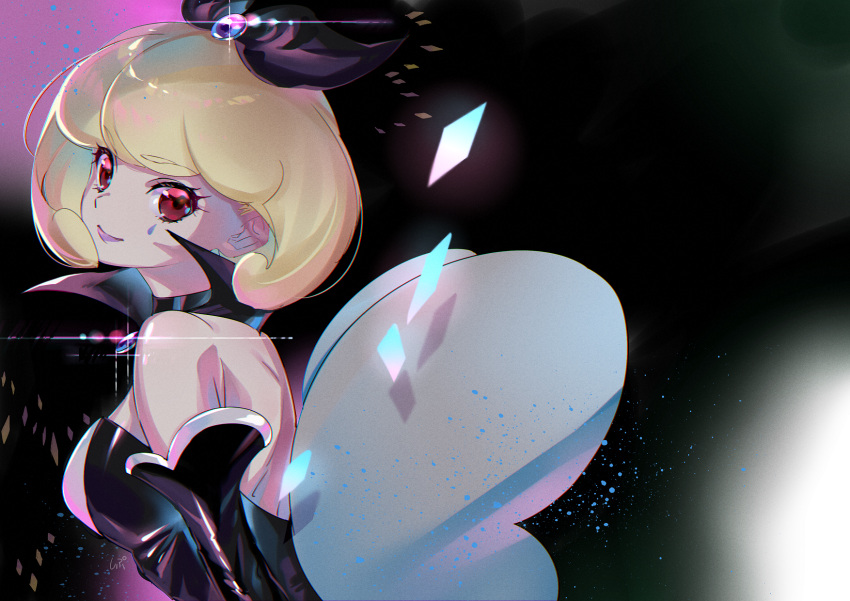 1girl black_bow black_choker black_dress black_sleeves blonde_hair bow choker closed_mouth detached_sleeves dress earrings eyebrows_visible_through_hair eyelashes facial_mark hair_bow happinesscharge_precure! highres jewelry lens_flare looking_at_viewer medium_hair pendant precure purple_lips queen_mirage red_eyes shiny shiny_hair shipu_(gassyumaron) shoulder_blades sleeveless sleeveless_dress smile solo sparkle strapless strapless_dress upper_body