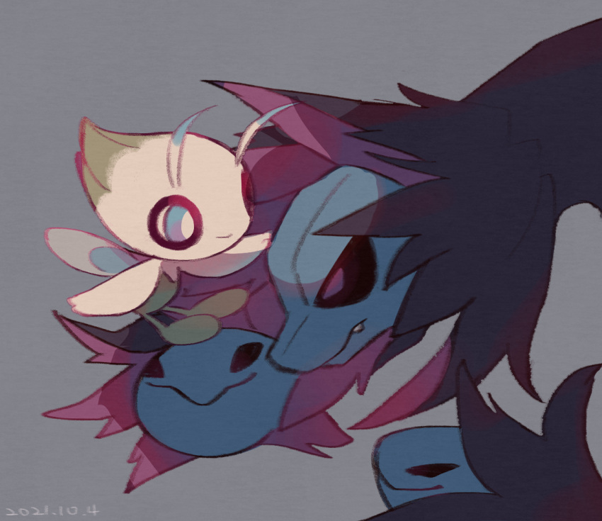 blue_eyes bright_pupils celebi closed_mouth commentary_request dated fang grey_background hydreigon leels no_humans pokemon pokemon_(creature) smile violet_eyes white_pupils