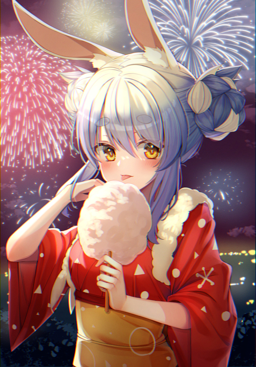 1girl :p absurdres aerial_fireworks animal_ear_fluff animal_ears bangs blue_eyes blush braid braided_bun commentary cotton_candy double_bun eyebrows_visible_through_hair eyes_visible_through_hair fireworks food hair_between_eyes hands_up highres holding holding_food hololive japanese_clothes kaku_(walletbreaker) kimono long_hair long_sleeves looking_at_viewer obi outdoors print_kimono rabbit_ears rabbit_girl red_kimono sash short_eyebrows solo thick_eyebrows tongue tongue_out upper_body usada_pekora virtual_youtuber white_hair wide_sleeves yellow_eyes