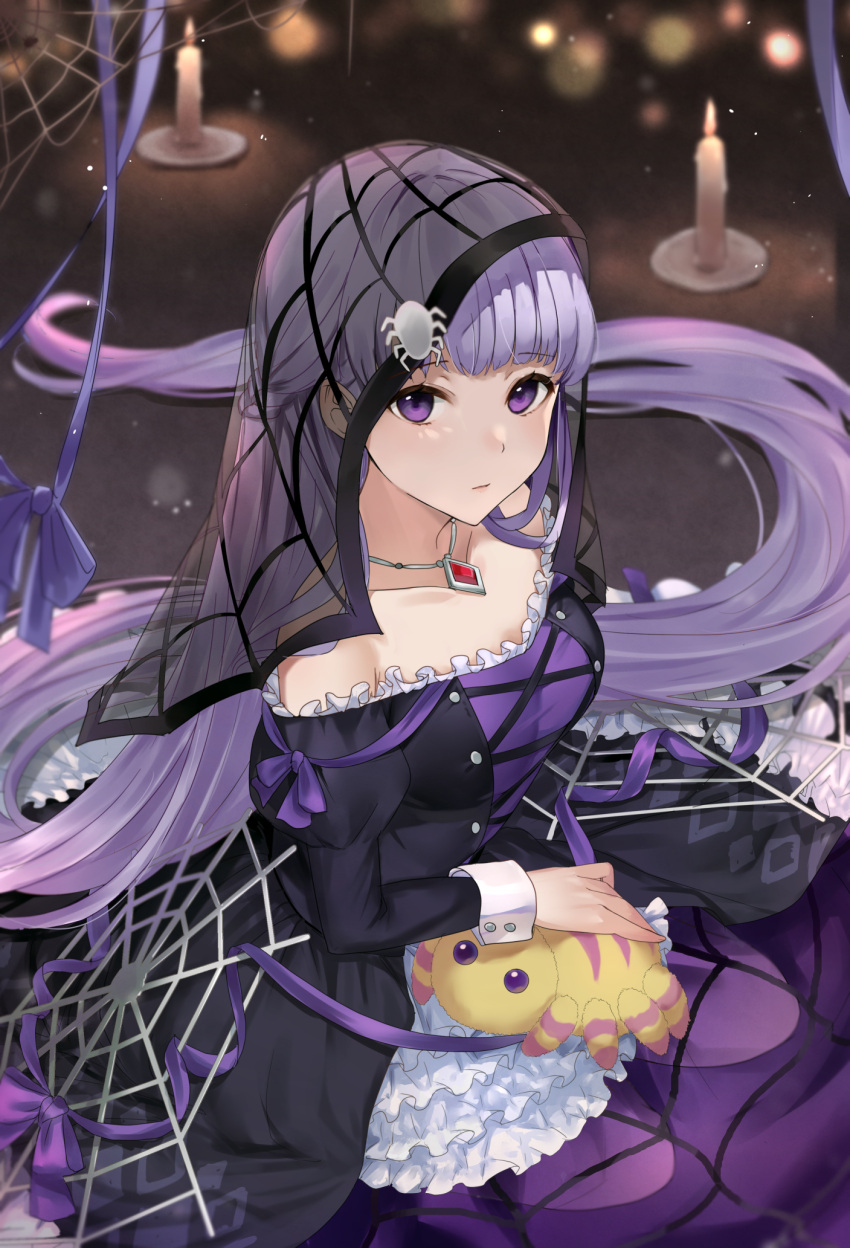 1girl alternate_costume bare_shoulders black_dress breasts candle closed_mouth collarbone commentary dress eyebrows_visible_through_hair fire_emblem fire_emblem:_the_binding_blade fire_emblem_heroes frilled_dress frills hair_ornament halloween halloween_costume haru_(nakajou-28) highres jewelry juliet_sleeves lolita_fashion long_dress long_hair long_sleeves looking_at_viewer medium_breasts multicolored multicolored_clothes necklace official_alternate_costume puffy_sleeves purple_dress purple_hair see-through silk sitting solo sophia_(fire_emblem) spider_hair_ornament spider_web spider_web_print strapless strapless_dress stuffed_animal stuffed_spider stuffed_toy toy two-tone_dress veil very_long_hair violet_eyes