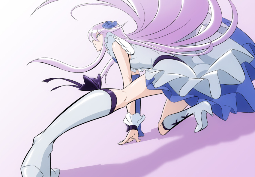 1girl boots cure_moonlight fuchi_(nightmare) hair_ornament heartcatch_precure! high_heel_boots high_heels knee_boots long_hair magical_girl precure purple_hair silver_dress solo tsukikage_yuri very_long_hair white_footwear wrist_cuffs