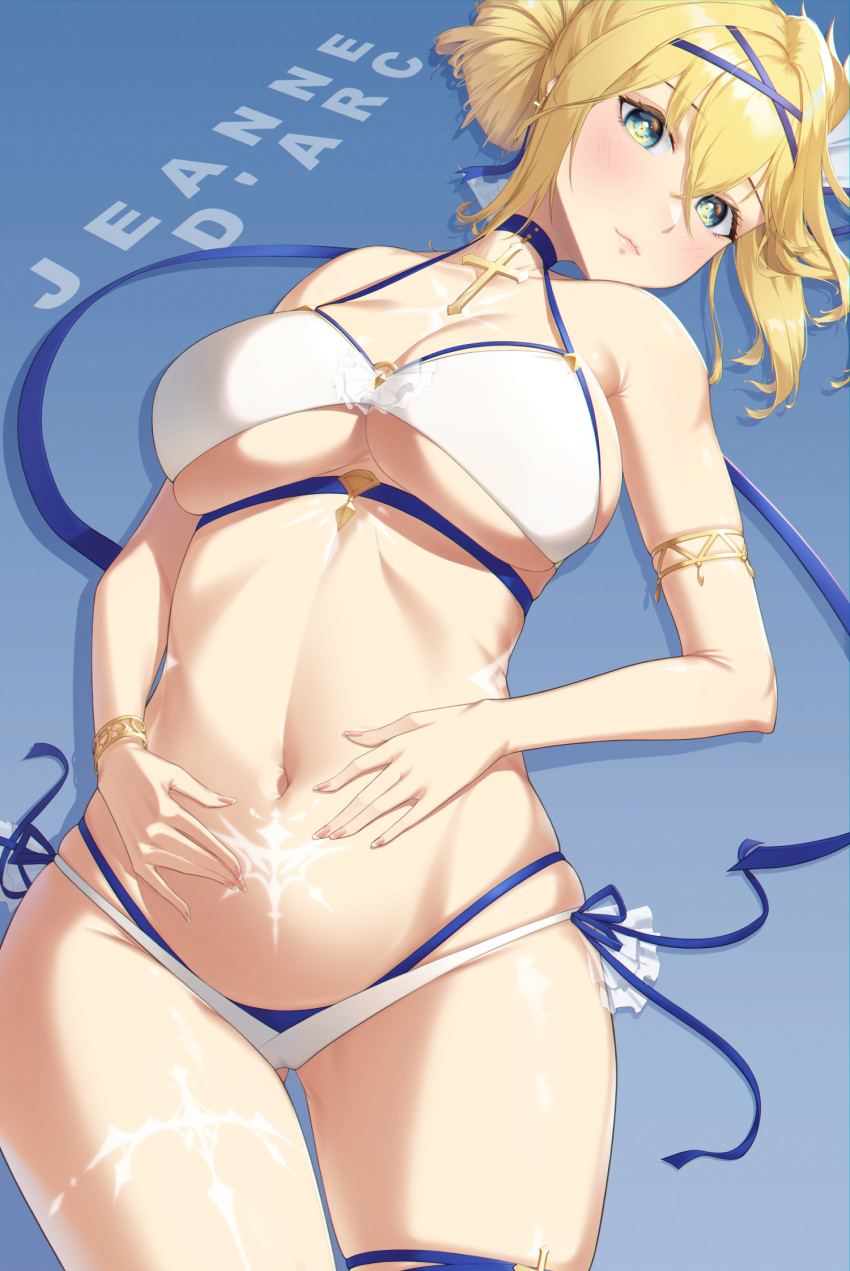 1girl azur_lane bikini blonde_hair blue_background blush bracelet bracer breasts character_name closed_mouth cross cross_earrings cross_necklace earrings eyebrows_visible_through_hair green_eyes hair_ornament hair_ribbon hairclip hands_on_own_stomach highres jeanne_d'arc_(azur_lane) jeanne_d'arc_(movie_set_saintess)_(azur_lane) jewelry large_breasts leg_tattoo lips long_hair looking_at_viewer lying navel necklace on_back pubic_tattoo ribbon silver_tokki solo stomach_tattoo swimsuit tattoo white_bikini white_swimsuit
