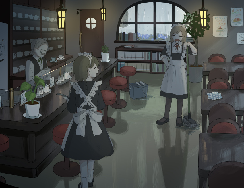 3boys :d absurdres apron avogado6 black_dress brown_hair brown_legwear bucket cafe chair cleaning closed_eyes commentary_request crossdressing dress glasses highres holding holding_mop indoors lantern maid maid_apron maid_cafe maid_headdress mop multiple_boys neck_ribbon old old_man opaque_glasses open_mouth original pantyhose plant potted_plant red_neckwear red_ribbon ribbon smile standing stool table white_apron