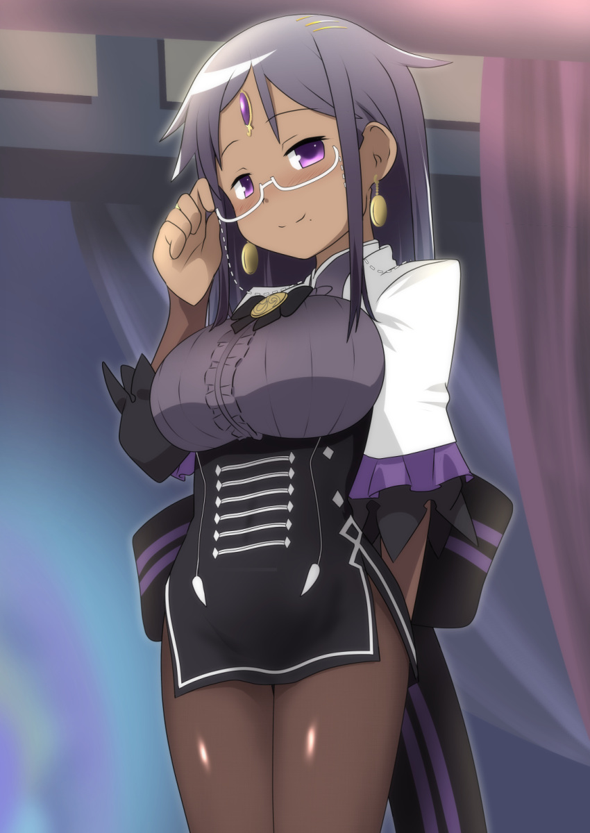 1girl black_hair blush breasts commentary_request dark-skinned_female dark_skin earrings glasses highres jewelry large_breasts livia_medeiros long_hair looking_at_viewer magia_record:_mahou_shoujo_madoka_magica_gaiden mahou_shoujo_madoka_magica pantyhose rushou_kei smile solo standing violet_eyes
