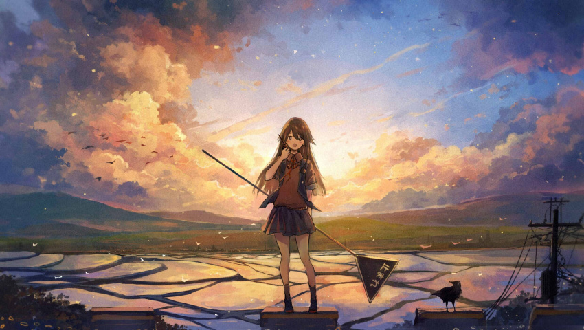 1girl arm_at_side axleaki bangs bird black_footwear blush brown_eyes brown_hair brown_shirt clouds cloudy_sky collared_shirt commentary_request day grey_legwear grey_skirt hair_between_eyes hand_up highres holding holding_sign landscape long_hair looking_at_viewer mountain mountainous_horizon neck_ribbon open_clothes open_mouth open_vest original outdoors pleated_skirt power_lines red_neckwear red_ribbon ribbon rice_paddy road_sign scenery shirt shoes short_sleeves sign skirt sky socks solo standing sunset utility_pole vest wide_shot