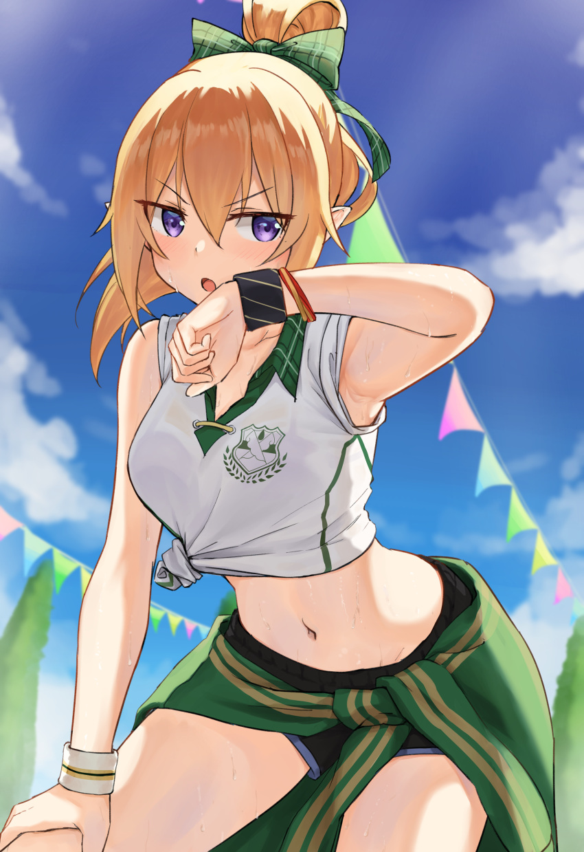1girl absurdres arm_up armpits bangs black_shorts blonde_hair blue_sky blush bow chloe_(princess_connect!) clothes_around_waist collared_shirt commentary_request day elf eyebrows_visible_through_hair green_bow green_jacket gym_shirt gym_shorts hair_between_eyes hair_bow highres jacket jacket_around_waist looking_at_viewer m_kong navel open_mouth outdoors pennant pointy_ears ponytail princess_connect! shirt short_hair short_ponytail shorts sky sleeveless sleeveless_shirt solo sweatband tied_shirt v-shaped_eyebrows violet_eyes white_shirt wiping_sweat