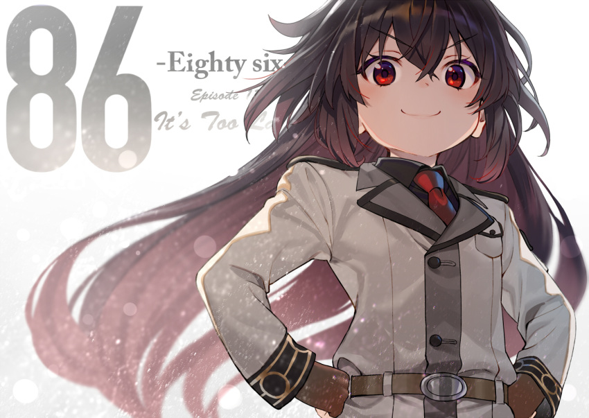 1girl 86_-eightysix- belt black_shirt blush brown_belt brown_gloves brown_hair closed_mouth collared_shirt colored_inner_hair copyright_name fingerless_gloves floating_hair frederica_rosenfort gloves grey_jacket hands_on_hips jacket long_hair long_sleeves looking_at_viewer multicolored_hair necktie red_eyes red_neckwear redhead shirabi shirt smile smug solo streaked_hair wing_collar