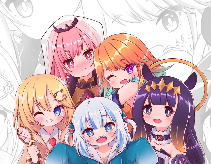 4girls :d ;d animal_ears aya_chan1221 bangs black_eyes black_hair blonde_hair blue_eyes blunt_bangs blush choker collared_shirt commentary earrings english_commentary extra_ears eyebrows_visible_through_hair gawr_gura gradient_hair grin hair_between_eyes hair_ornament hairband halo highres holding hololive hololive_english hood hooded_coat hooded_jacket jacket jewelry long_hair long_sleeves looking_at_viewer magnifying_glass mori_calliope multicolored_hair multiple_girls necktie ninomae_ina'nis one_eye_closed open_mouth orange_hair pink_eyes pink_hair pointy_ears shark_hair_ornament sharp_teeth shirt short_hair sidelocks silver_hair simple_background sleeves_past_wrists smile streaked_hair takanashi_kiara teeth tentacles tiara two_side_up veil violet_eyes watson_amelia zoom_layer