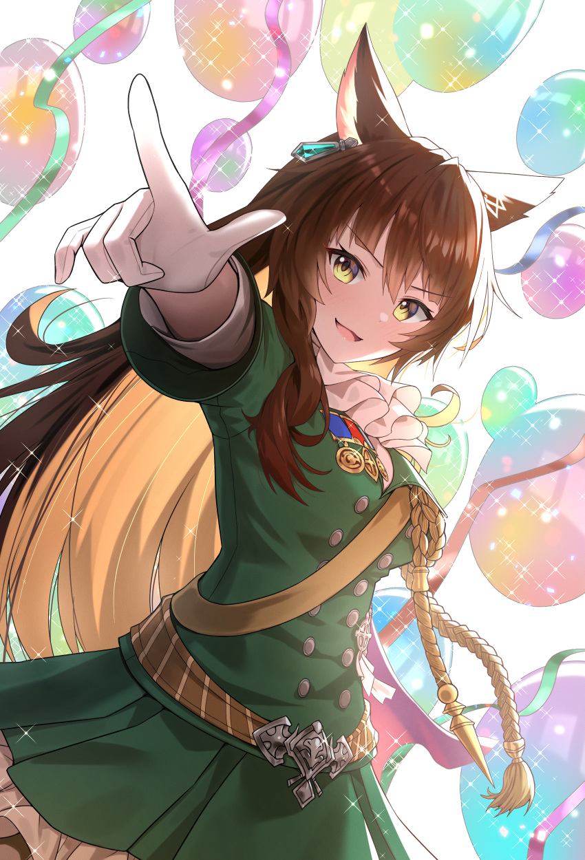 1girl absurdres aiguillette animal_ears balloon bangs bettle_(b_s_a_n) brown_hair fox_ears fumi_(nijisanji) gloves green_skirt hair_ornament highres long_hair medal nijisanji pointing skirt smile solo standing streamers uniform virtual_youtuber white_gloves white_neckwear yellow_eyes