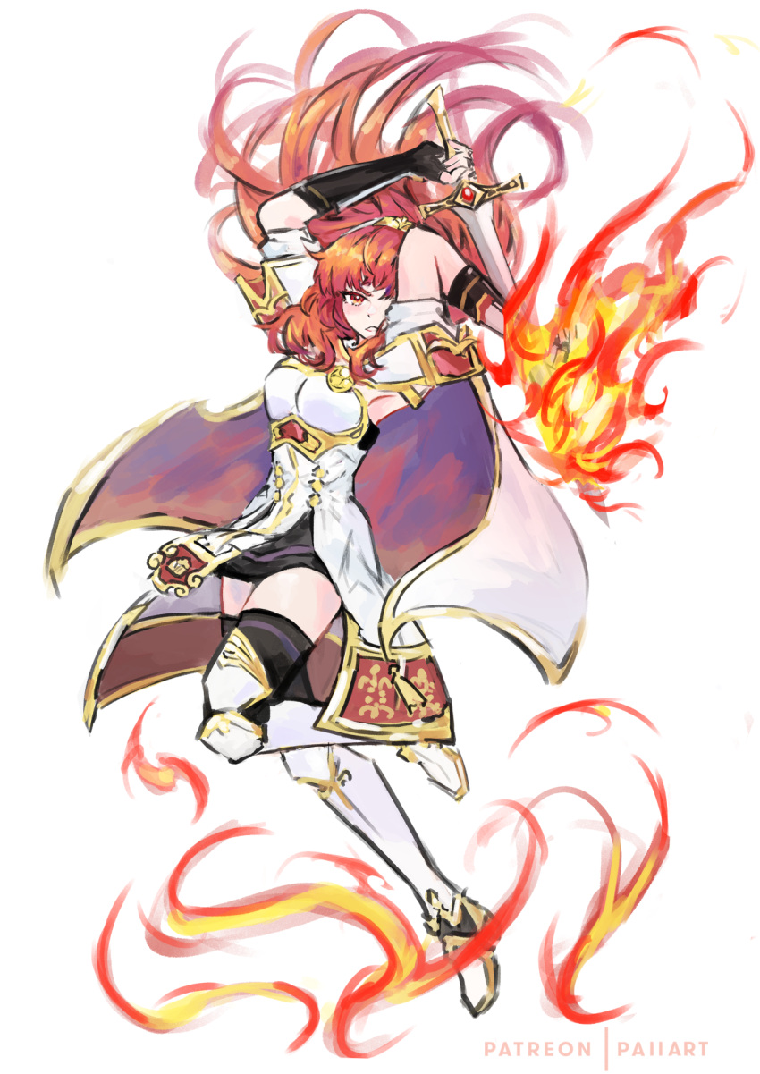1girl arm_guards armor arms_up artist_name bangs breasts cape celica_(fire_emblem) dress fire fire_emblem fire_emblem_echoes:_shadows_of_valentia fire_emblem_gaiden gold_trim highres holding holding_weapon leg_armor paiiart red_eyes redhead sword thigh-highs weapon white_background white_dress zettai_ryouiki
