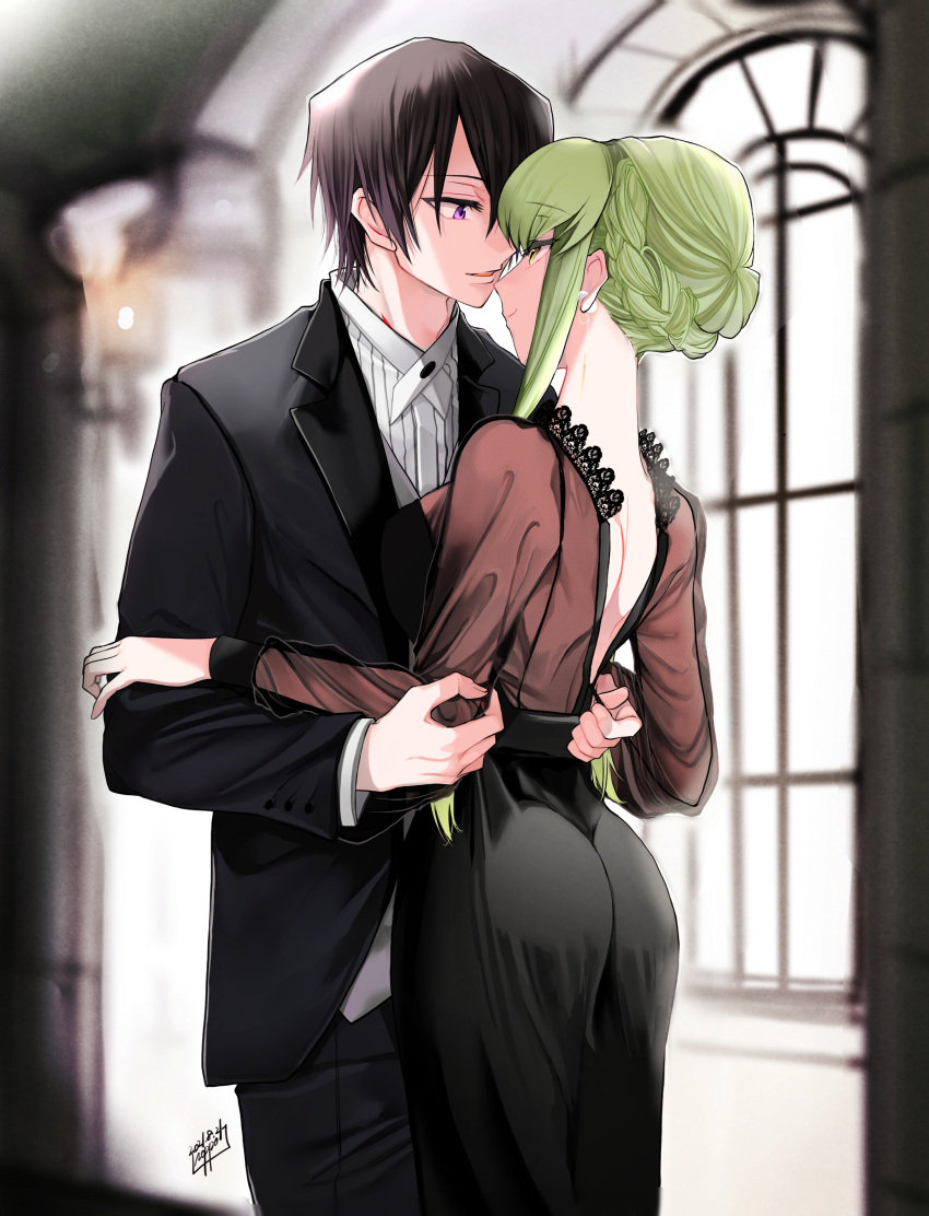 1boy 1girl absurdres black_hair black_jacket black_skirt blurry blurry_background braid brown_shirt c.c. closed_mouth code_geass couple dress_shirt eye_contact eyebrows_visible_through_hair formal green_hair grey_vest hetero highres indoors jacket lelouch_lamperouge long_hair long_sleeves looking_at_another noppo open_mouth pant_suit see-through shirt short_hair shoulder_blades sidelocks signature skirt smile suit tied_hair vest violet_eyes white_shirt yellow_eyes