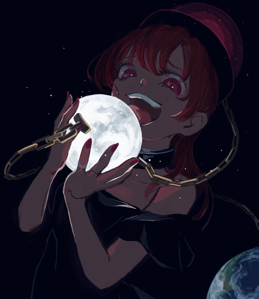 1girl black_shirt chain collar earth_(ornament) eyelashes gold_chain hecatia_lapislazuli highres licking medium_hair moon_(ornament) off-shoulder_shirt off_shoulder open_mouth polos_crown red_eyes red_nails redhead sakamoto_(pompa) shirt t-shirt teeth tongue tongue_out touhou upper_body upper_teeth