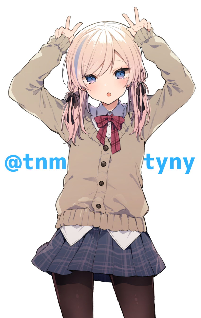 1girl :o black_ribbon blue_eyes blue_skirt blush bow bowtie brown_legwear cardigan collared_shirt cowboy_shot double_v grey_cardigan hair_ribbon hands_up highres ikeuchi_tanuma long_sleeves looking_at_viewer low_twintails miniskirt multicolored_hair open_mouth original pantyhose pink_hair pleated_skirt red_bow red_neckwear ribbon rije_(ikeuchi_tanuma) school_uniform shirt simple_background skirt solo standing streaked_hair twintails twitter_username v white_background wing_collar