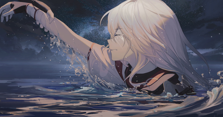 2boys bandaged_hand bandages bangs black_gloves closed_eyes clouds fingerless_gloves from_side genshin_impact gloves hair_down highres japanese_clothes kaedehara_kazuha kazuha's_friend_(genshin_impact) male_focus multiple_boys night outdoors parted_lips partially_submerged profile sky solo_focus star_(sky) starry_sky water wet white_hair