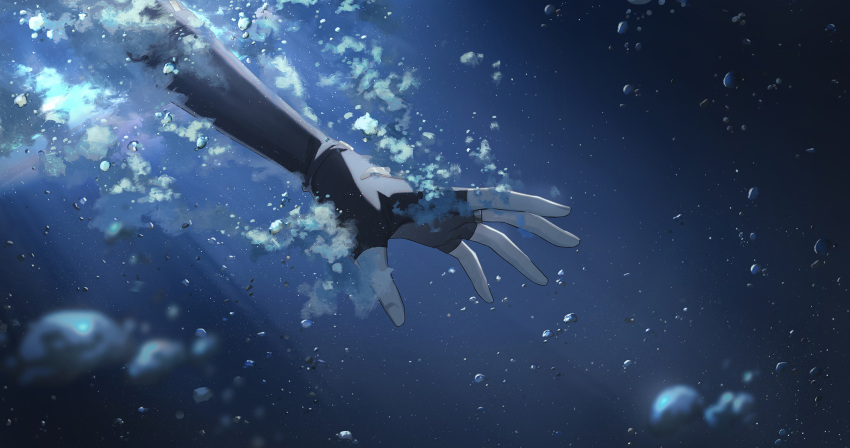 1boy black_gloves bubble fingerless_gloves genshin_impact gloves hands highres kazuha's_friend_(genshin_impact) l!sten male_focus ocean reaching solo underwater water