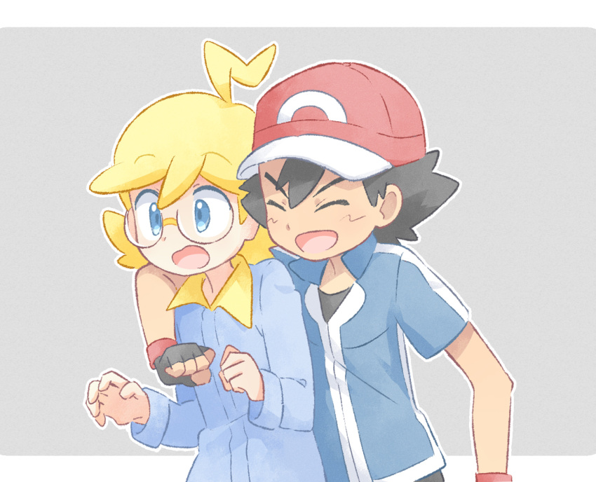 2boys :d ahoge akasaka_(qv92612) arm_around_shoulder ash_ketchum bangs baseball_cap blonde_hair blue_eyes blue_jacket clemont_(pokemon) closed_eyes commentary_request fingerless_gloves gloves hat jacket jumpsuit long_sleeves male_focus multiple_boys open_mouth outline pokemon pokemon_(anime) pokemon_xy_(anime) red_headwear shirt short_sleeves smile tongue upper_body