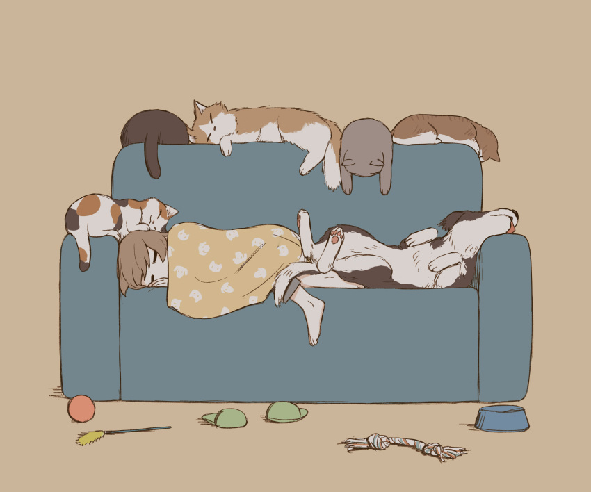 1boy absurdres animal_focus avogado6 barefoot blanket brown_background brown_hair cat cat_teaser closed_eyes commentary_request couch dog highres lying on_couch on_side original simple_background sleeping slippers slippers_removed solo toy under_covers
