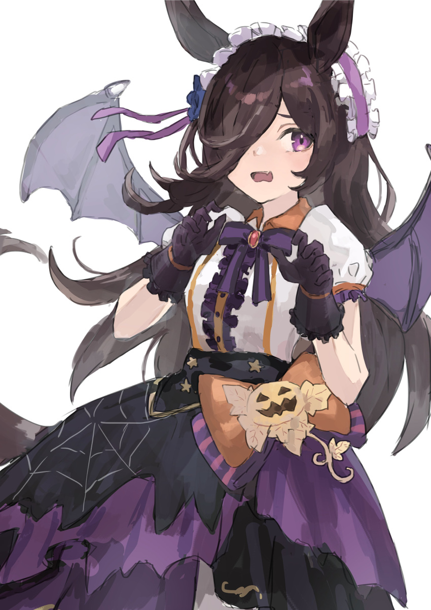 1girl absurdres animal_ears bat_wings black_dress bow bowtie brown_hair commentary_request cowboy_shot dress gloves hair_ornament halloween_costume headdress highres horse_ears horse_girl long_hair looking_at_viewer make_up_in_halloween!_(umamusume) multicolored multicolored_clothes multicolored_dress official_alternate_costume open_mouth purple_bow purple_dress purple_gloves purple_neckwear rice_shower_(umamusume) rokojii simple_background solo umamusume violet_eyes white_background white_dress wings