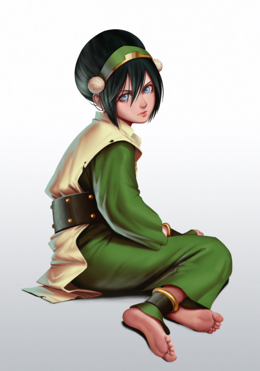 1girl absurdres ankle_cuffs anklet avatar:_the_last_airbender avatar_(series) barefoot belt black_hair blind capri_pants chinese_clothes feet gustavo_franca_lima highres jewelry looking_at_viewer looking_to_the_side pants serious sitting soles tied_hair toes toph_bei_fong white_eyes yokozuwari