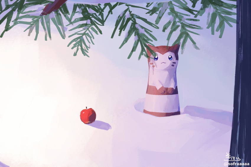 apple blue_eyes closed_mouth food fruit furret highres looking_at_viewer no_humans pokemon pokemon_(creature) red_apple signature snow sofra tree twitter_username