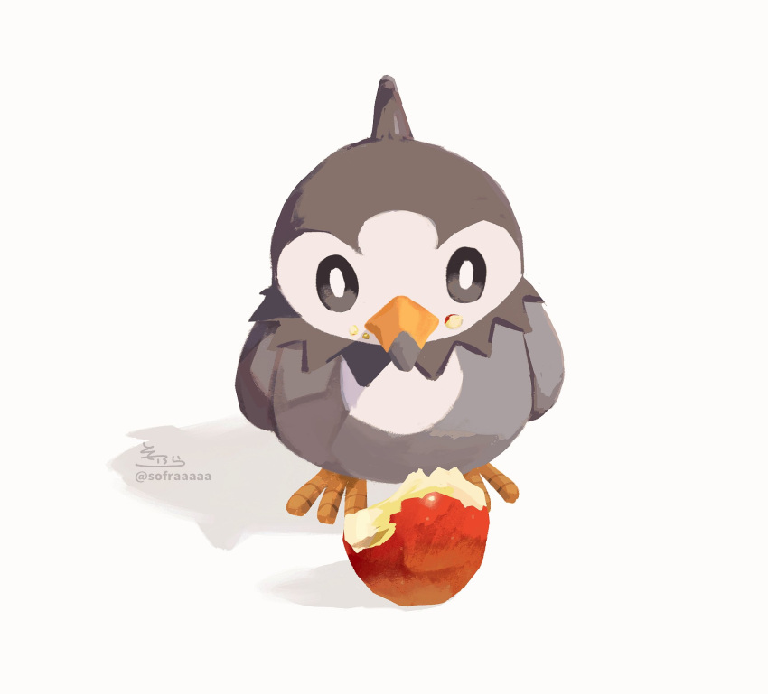 animal apple bird food food_on_face fruit full_body highres no_humans pokemon pokemon_(creature) red_apple shadow signature sofra solo starly twitter_username white_background