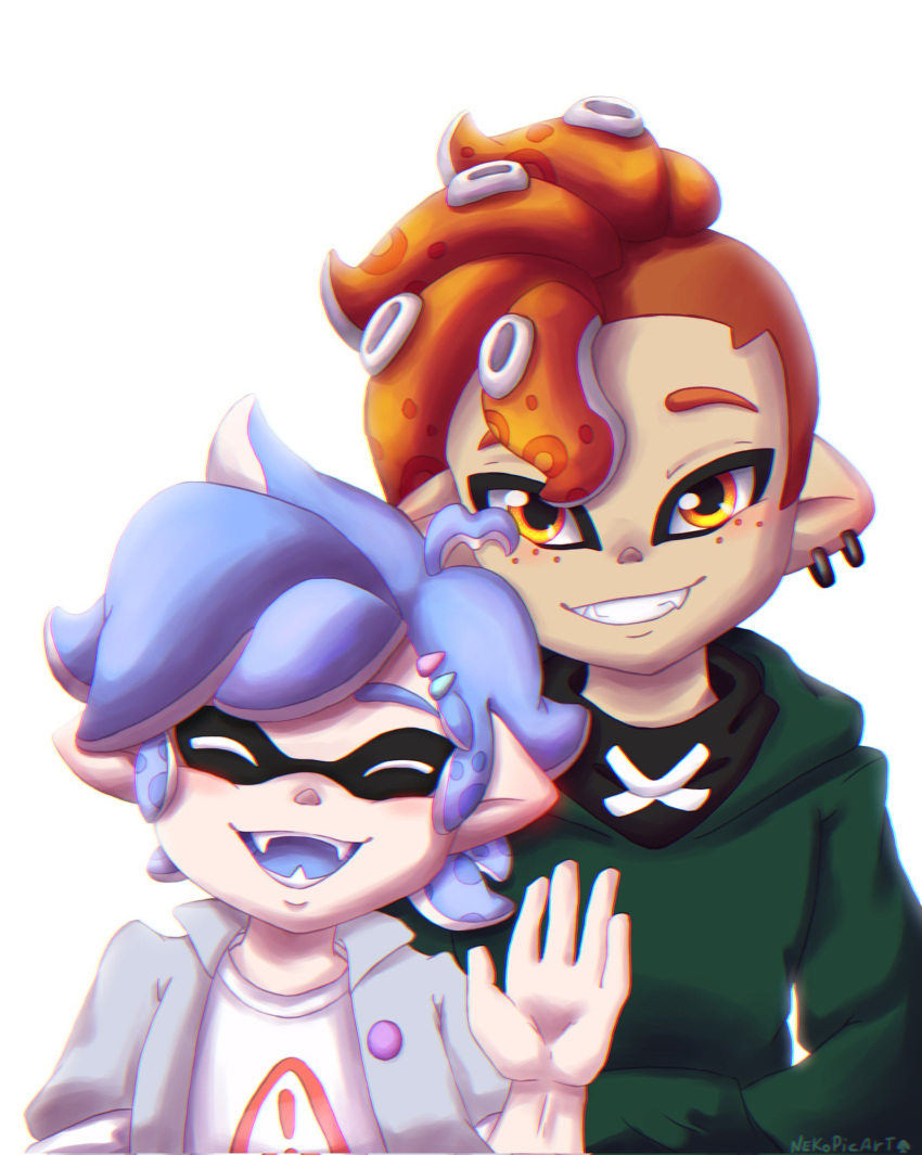 2boys alternate_form alternate_universe bandana blue_hair boyfriend_(friday_night_funkin') closed_eyes crossover friday_night_funkin' friday_night_funkin'_soft hoodie inkling nekopicart octoling orange_hair pico_(pico's_school) simple_background smile splatoon teeth tentacle_hair white_background yellow_eyes