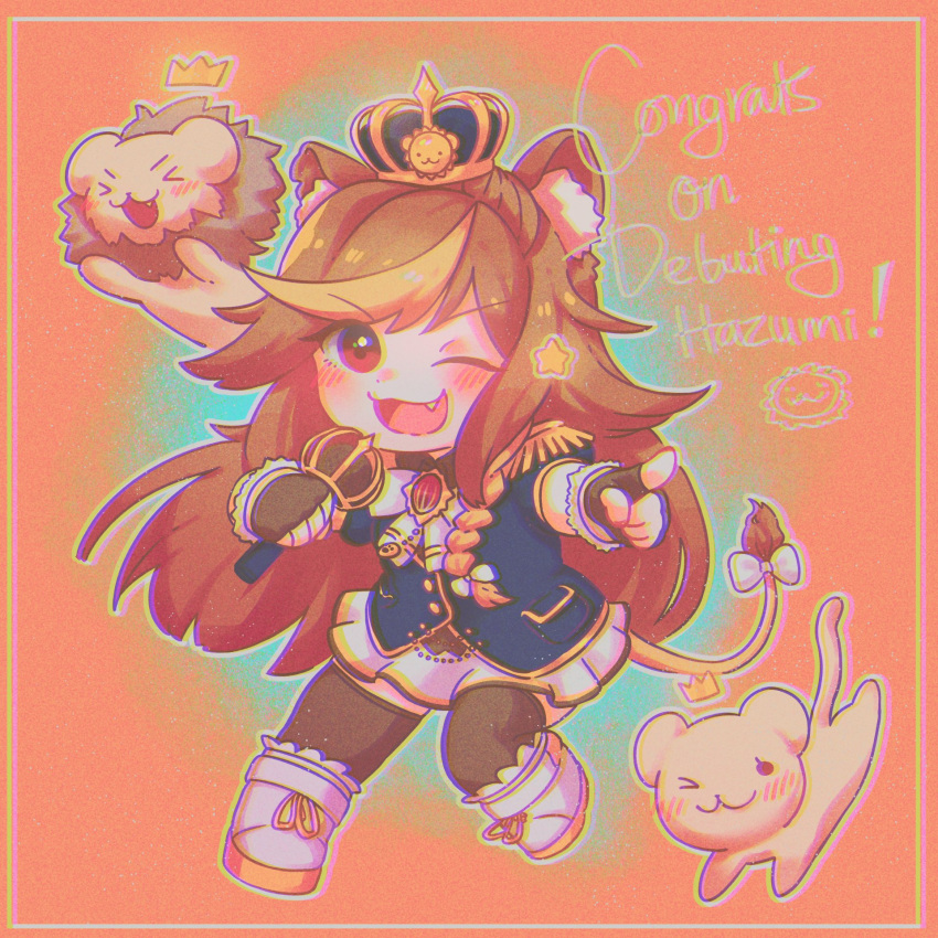1girl animal_ear_fluff animal_ears bangs blonde_hair blue_jacket blush bow brown_eyes brown_hair chibi chromatic_aberration english_commentary fubkzm hazumi_aileen highres holding holding_microphone indie_virtual_youtuber jacket lion lion_ears lion_girl long_hair mane microphone military military_uniform multicolored_hair pointing skirt solo streaked_hair tail thigh-highs uniform v-shaped_eyebrows virtual_youtuber white_bow white_skirt