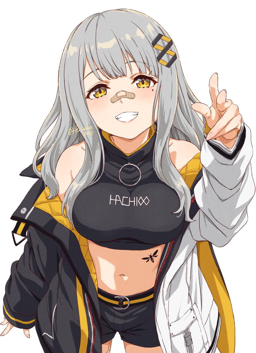 1girl absurdres bandaid bandaid_on_nose black_jacket black_shirt black_shorts blush breasts commentary cowboy_shot crop_top english_commentary eyebrows_visible_through_hair fuusuke_(fusuke208) grin hachi_(live_union) hair_ornament highres jacket live_union long_hair looking_at_viewer medium_breasts midriff mole mole_under_eye multicolored multicolored_clothes multicolored_jacket navel open_clothes open_jacket pointing pointing_at_viewer shirt short_shorts shorts sidelocks silver_hair simple_background sleeveless smile solo stomach_tattoo tattoo teeth twitter_username two-sided_fabric two-sided_jacket two-tone_jacket virtual_youtuber white_background white_jacket yellow_belt yellow_eyes