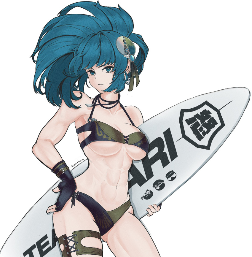 blue_eyes blue_hair breasts cowboy_shot fingerless_gloves gloves hair_ornament highres ikari_hime large_breasts leona_heidern long_hair muscular muscular_female navel senran_kagura senran_kagura_new_link snk surfboard the_king_of_fighters thigh_strap two-tone_bikini white_background