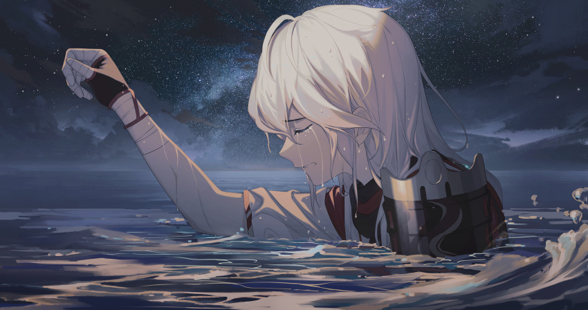 1boy armor bandaged_hand bandages bangs closed_eyes clouds crying fingerless_gloves from_side genshin_impact gloves hair_down highres japanese_armor japanese_clothes kaedehara_kazuha l!sten male_focus night outdoors parted_lips partially_submerged profile sky solo star_(sky) starry_sky tears upper_body water wet wet_hair white_hair