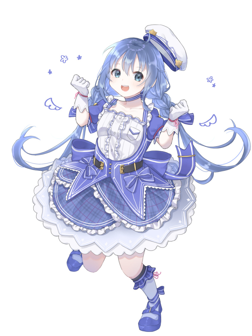 1girl :d ahoge ankle_ribbon back_bow belt blue_bow blue_eyes blue_footwear blue_hair bow braid breasts buttons clenched_hands collarbone commentary eyebrows_visible_through_hair floral_print frilled_gloves frilled_legwear frills full_body gloves hair_between_eyes hat highres jumping long_hair looking_at_viewer miteinano_(mitei_nano28) nijisanji pink_ribbon ribbon simple_background small_breasts smile solo teeth twin_braids wavy_mouth white_background white_gloves wrist_ribbon yuuki_chihiro