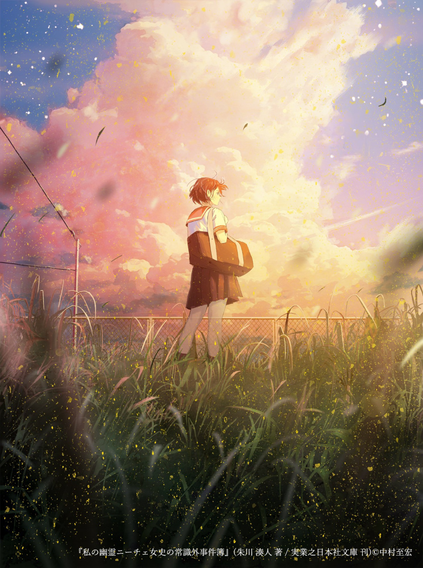 1girl bag bangs black_eyes black_hair black_legwear blurry blurry_foreground clouds cloudy_sky commentary day fading feet_out_of_frame fence from_below from_side grass hand_up highres leaf leaves_in_wind looking_afar looking_away nakamura_yukihiro original outdoors plant pleated_skirt power_lines sailor_collar scenery school_bag school_uniform serafuku short_hair short_sleeves shoulder_bag skirt sky socks solo standing transparent wide_shot