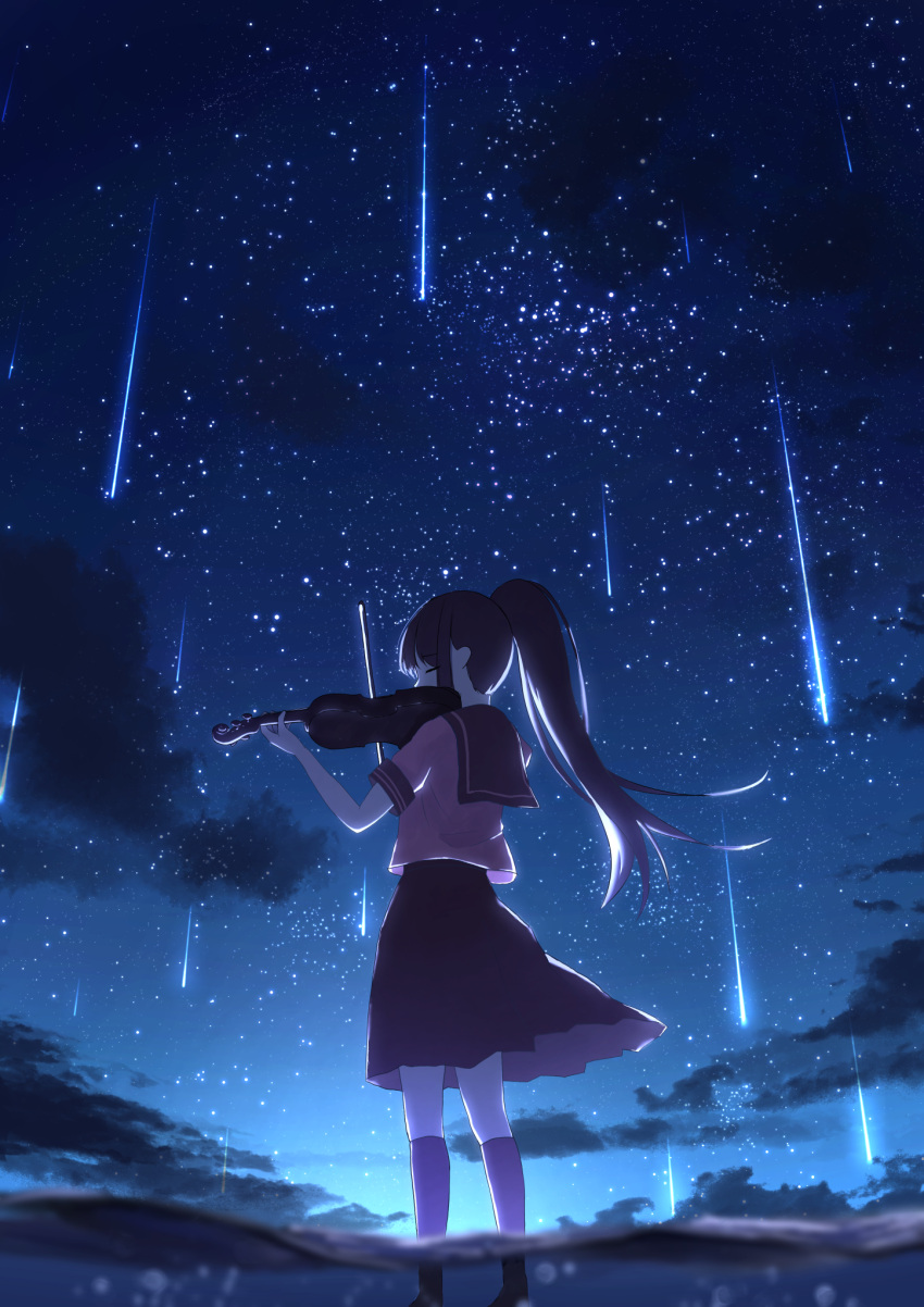1girl backlighting bangs black_hair black_skirt bow bow_(instrument) closed_eyes clouds commentary_request eyebrows_visible_through_hair facing_away feet_out_of_frame hands_up highres holding holding_bow holding_instrument instrument kneehighs long_hair music night night_sky original outdoors partially_submerged playing_instrument pleated_skirt ponytail purple_legwear purple_shirt sailor_collar scenery school_uniform serafuku shirt shooting_star skirt sky solo standing star_(sky) starry_sky violin water wh-negi