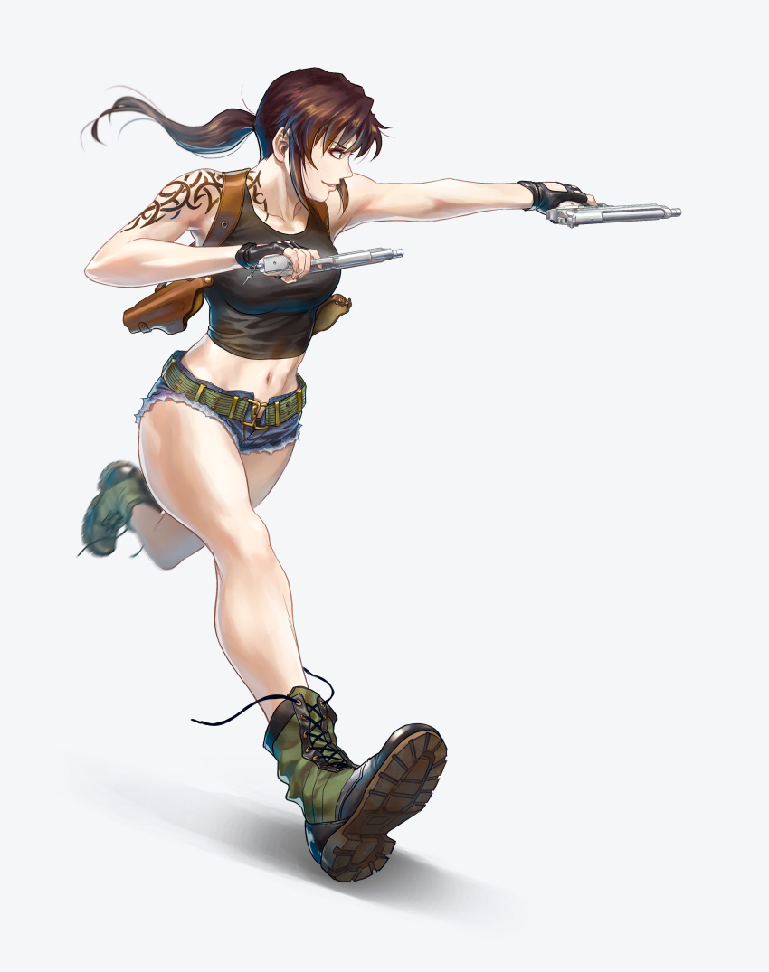 1girl absurdres azasuke bare_arms belt beretta_92 black_lagoon black_tank_top boots brown_hair commentary cross-laced_footwear denim denim_shorts dual_guns dual_wielding female fingerless_gloves full_body gloves gun handgun highres holding holding_gun holding_weapon holster lace-up_boots looking_away medium_breasts midriff navel parted_lips ponytail revy_(black_lagoon) running short_shorts shorts shoulder_holster shoulder_tattoo simple_background sleeveless solo tank_top tattoo untied_boots untied_footwear unzipped weapon