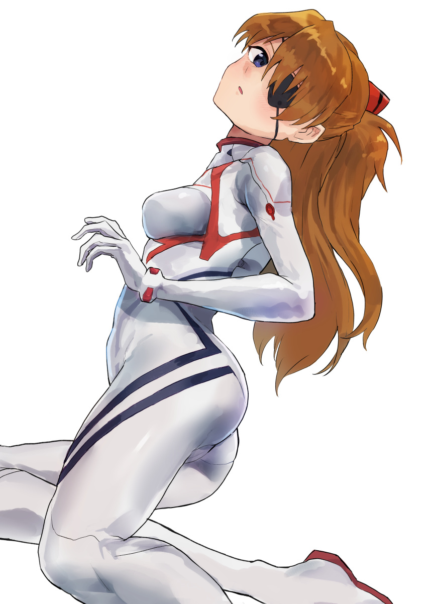 1girl absurdres ass black_eyepatch blue_eyes bodysuit breasts commentary evangelion:_3.0+1.0_thrice_upon_a_time eyepatch full_body highres interface_headset labotamochi long_hair looking_at_viewer looking_back neon_genesis_evangelion open_mouth orange_hair plugsuit rebuild_of_evangelion simple_background skin_tight small_breasts solo souryuu_asuka_langley white_background white_bodysuit