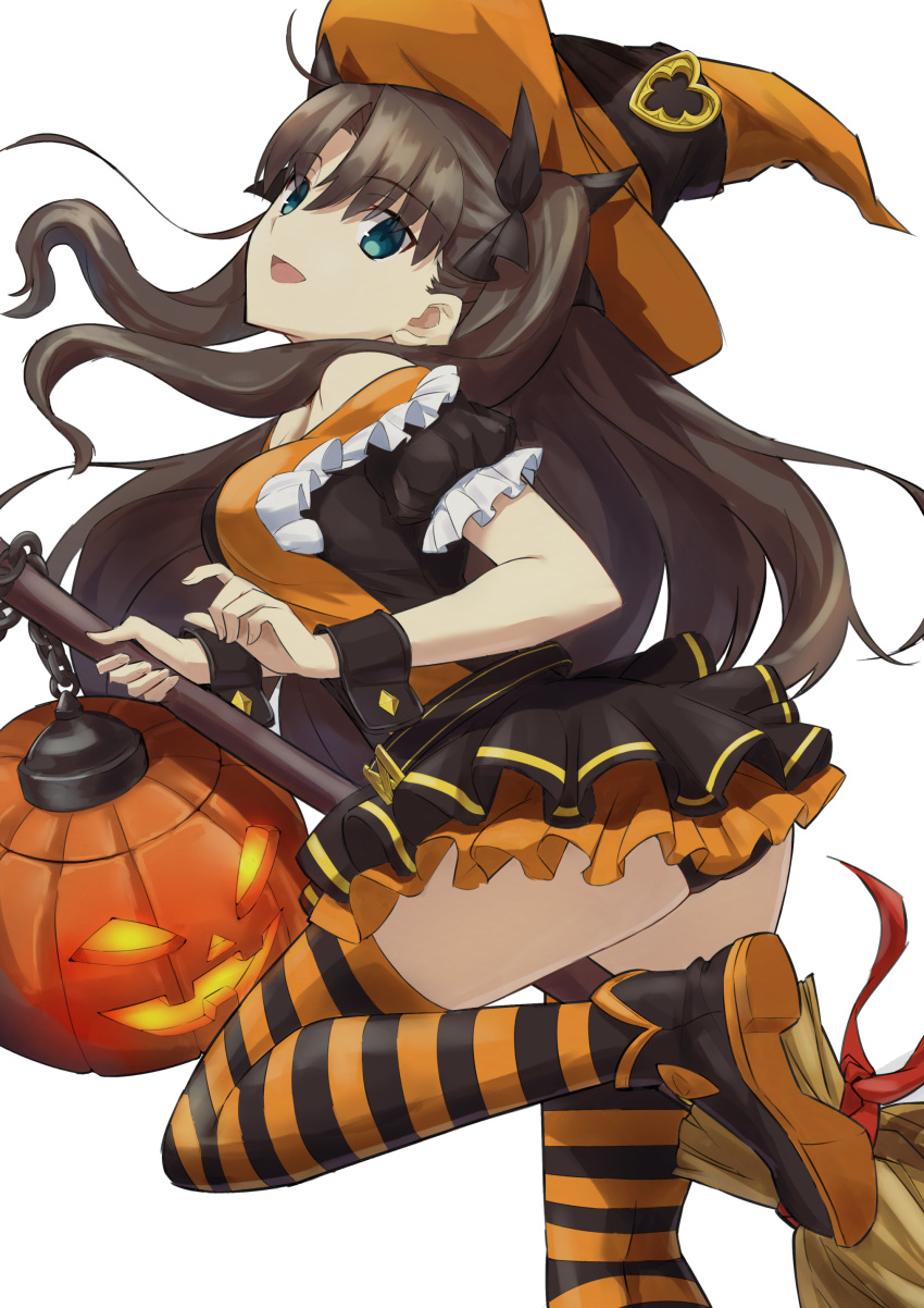 1girl :d a-senmei absurdres alternate_costume aqua_eyes ass bangs belt black_dress black_panties boots breasts broom brown_hair chain dress eyebrows_visible_through_hair fate/stay_night fate_(series) floating_hair frilled_dress frills hair_ribbon halloween halloween_costume hat highres holding holding_broom jack-o'-lantern long_hair looking_at_viewer open_mouth orange_dress orange_headwear panties pantyshot pumpkin ribbon short_dress smile solo standing standing_on_one_leg striped striped_legwear thigh-highs thighs tohsaka_rin two-tone_dress two_side_up underwear witch_hat wrist_cuffs zettai_ryouiki