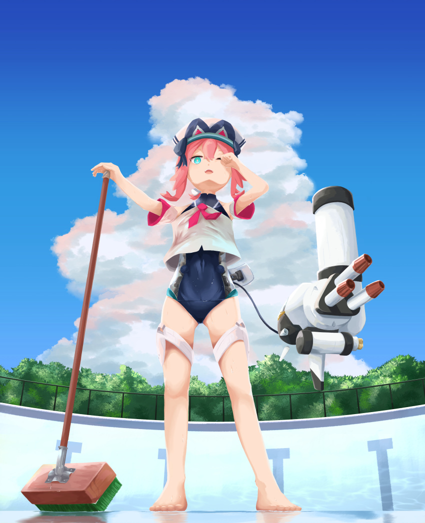 1girl absurdres android aqua_eyes arms_up bangs barefoot blue_sky blue_swimsuit bow cable caustics clenched_hand clouds commentary_request covered_navel crop_top day detached_sleeves drone empty_pool eyebrows_visible_through_hair fence fisheye floating hair_bow hat highres holding holding_mop hot legs_apart looking_at_viewer medium_hair mop neckerchief official_alternate_costume oko_(magicap_shazz) one-piece_swimsuit one_eye_closed open_mouth outdoors outstretched_arm pink_hair pink_neckwear pink_pupils pool reflection rubbing_eyes sera_(world_flipper) shirt short_sleeves sidelocks sky sleeveless sleeveless_shirt solo straight-on sweat swimsuit teeth thigh_strap transparent tree turret water wet wet_clothes wet_shirt white_bow white_shirt white_sleeves world_flipper