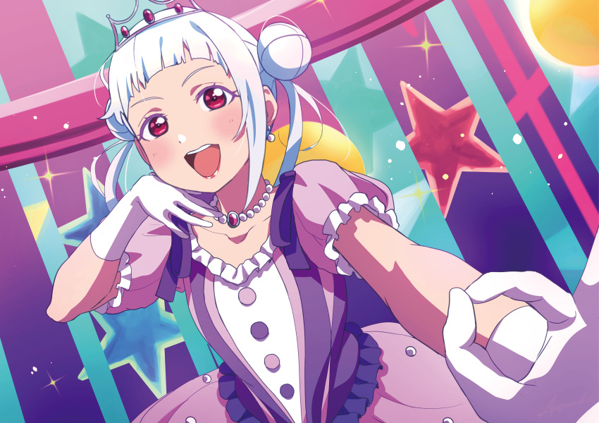 1girl absurdres al_aoi_aoba arashi_chisato bangs blunt_bangs blush double_bun dress earrings frilled_dress frills gloves hand_on_own_chin head_rest highres jewelry lipstick looking_at_viewer love_live! love_live!_superstar!! makeup necklace nonfiction!!_(love_live!) pearl_necklace puffy_short_sleeves puffy_sleeves purple_dress red_eyes short_sleeves smile solo tiara twintails white_gloves white_hair
