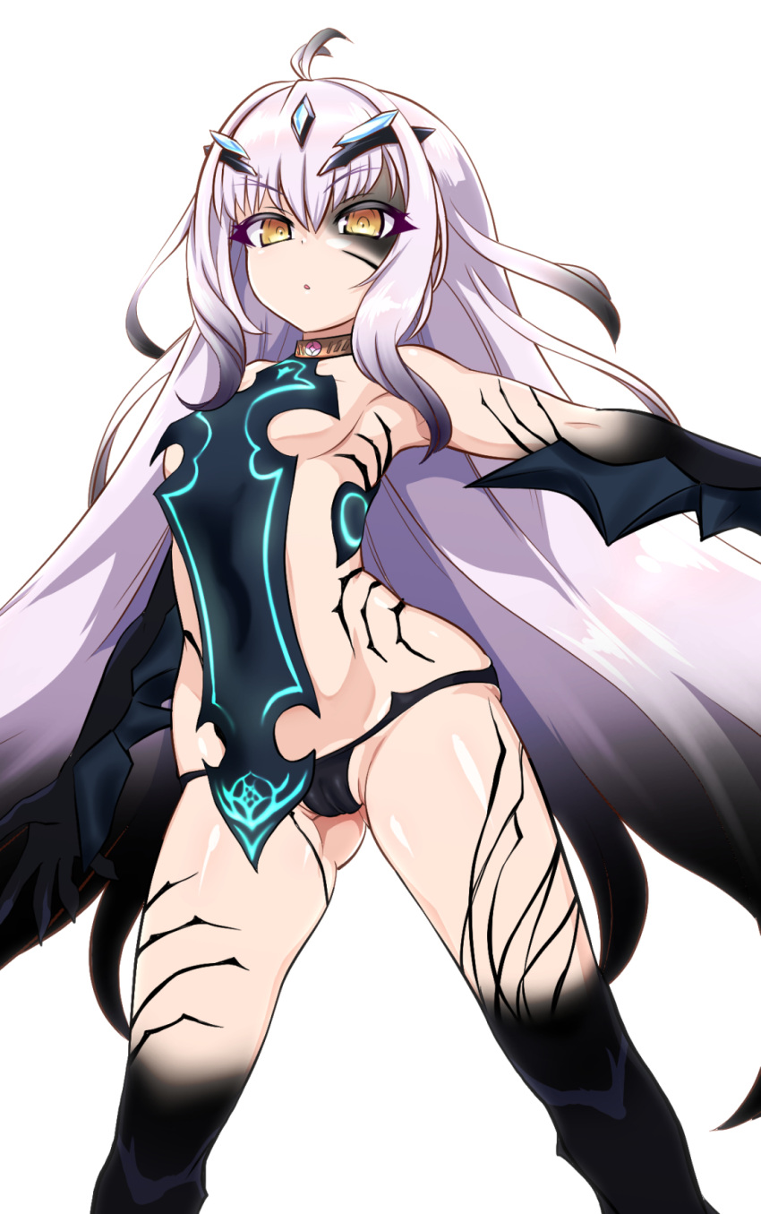 1girl bangs bare_shoulders black_panties breasts brown_eyes fairy_knight_lancelot_(fate) fate/grand_order fate_(series) highres horns isemagu jewelry long_hair looking_at_viewer neck_ring panties revealing_clothes sideboob sidelocks small_breasts tail thighs underwear white_hair