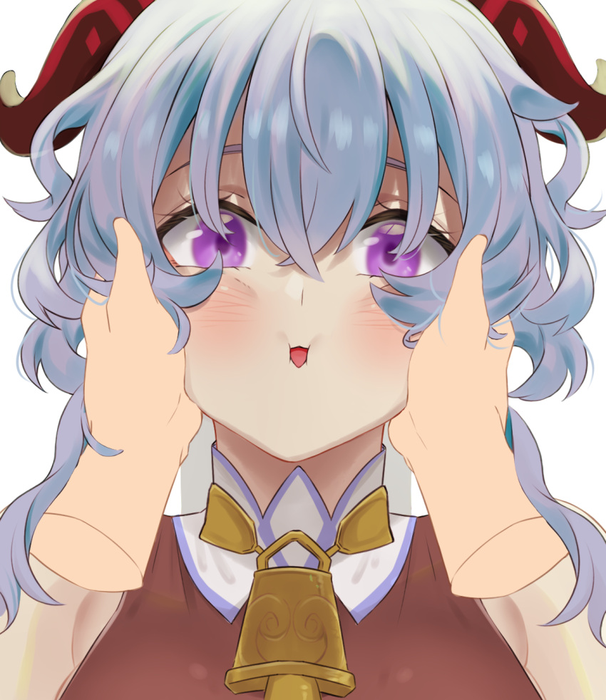 altruwishm bangs bell blue_hair blush cheek_squash curled_horns disembodied_limb face_squeeze ganyu_(genshin_impact) genshin_impact hands_on_another's_cheeks hands_on_another's_face highres horns looking_at_viewer neck_bell pov sidelocks solo_focus violet_eyes white_background